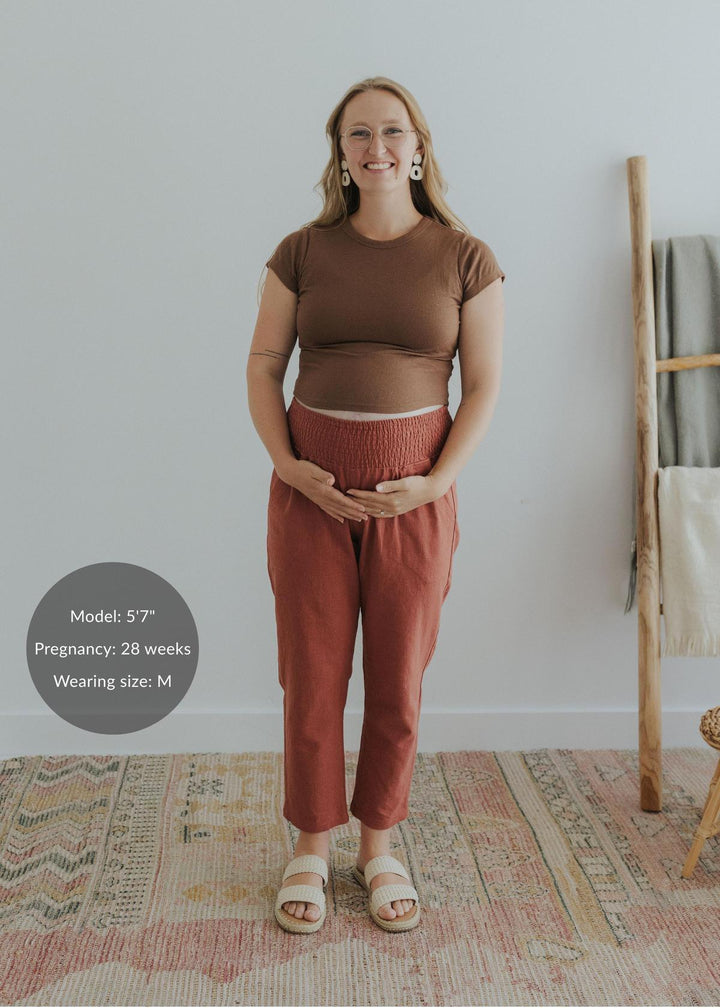 Everyday Transitional Maternity Smocked Linen Pant - Cinnamon
