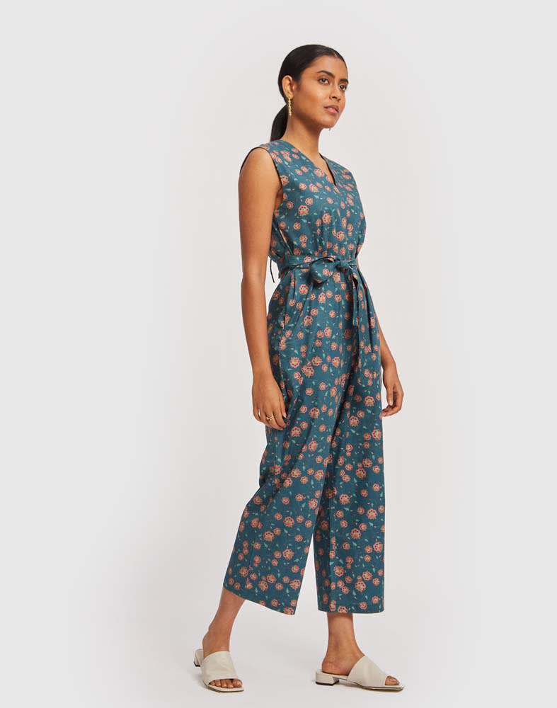 Sleeveless Belted Jumpsuit - Dark Green