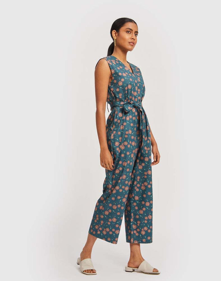 Sleeveless Belted Jumpsuit - Dark Green