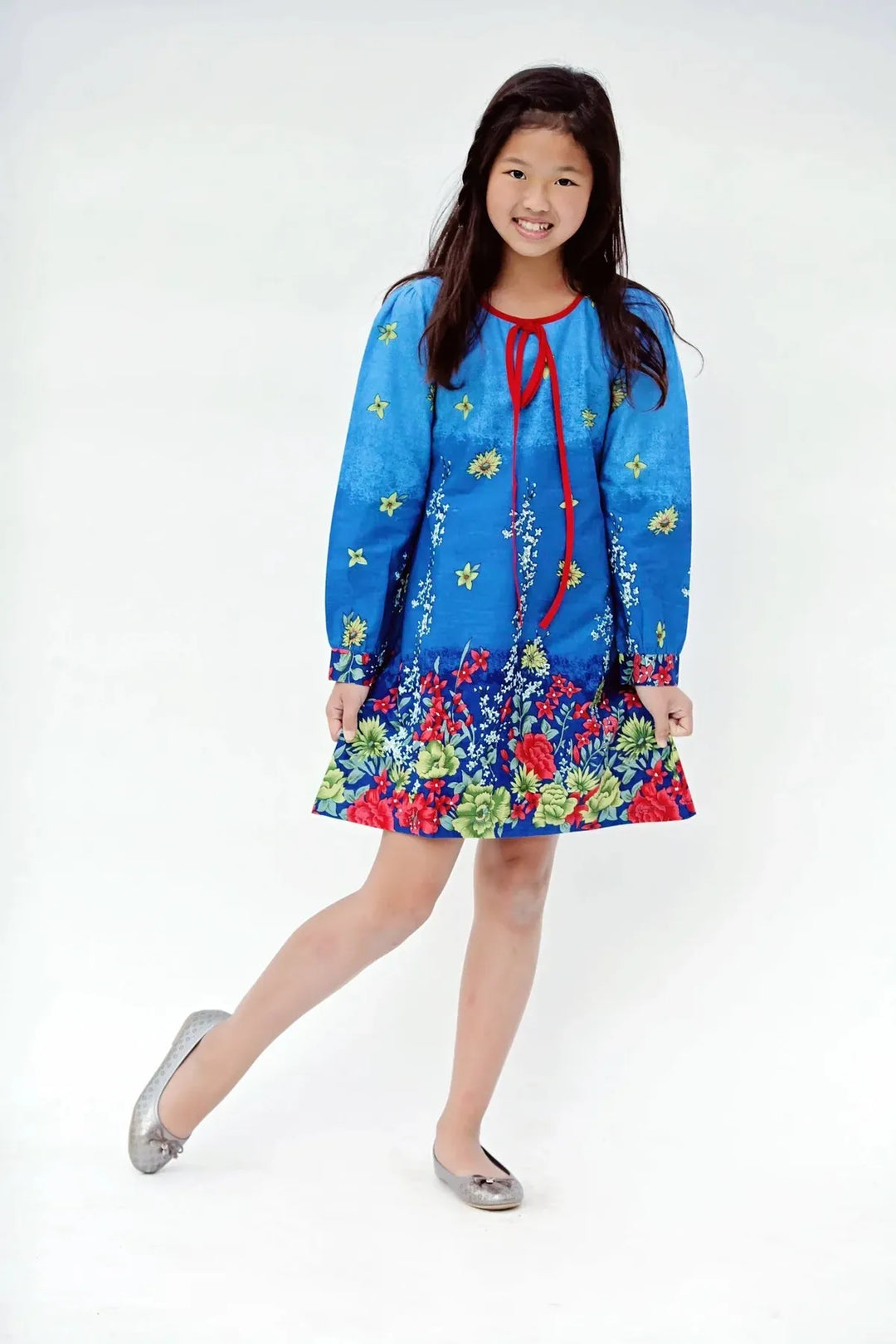Cotton Woven Girls Dress - Blue Multicolor Floral