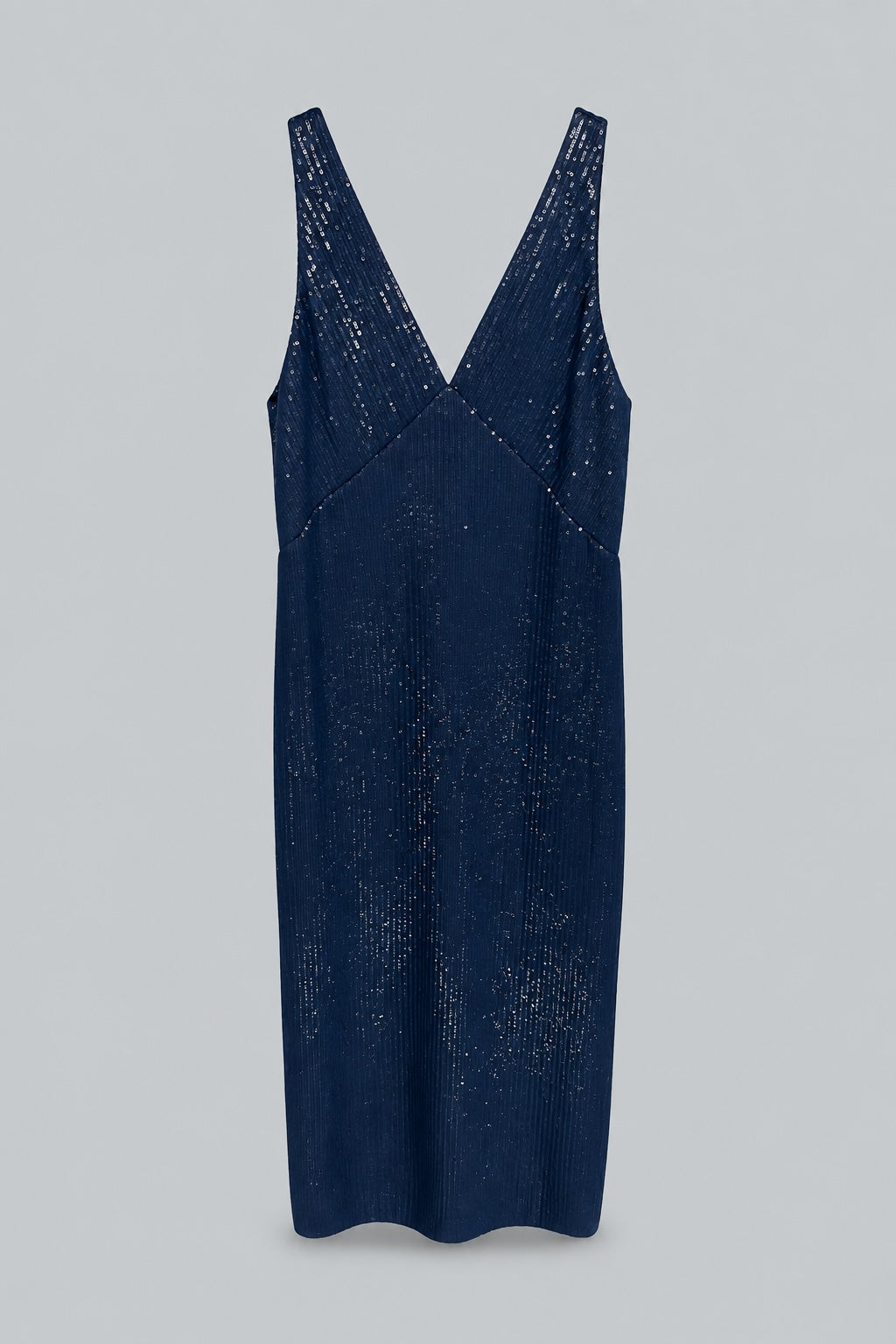 Deep V Dress In Chiffon Encased Pailettes - Dark Navy