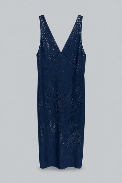 Deep V Dress In Chiffon Encased Pailettes - Dark Navy