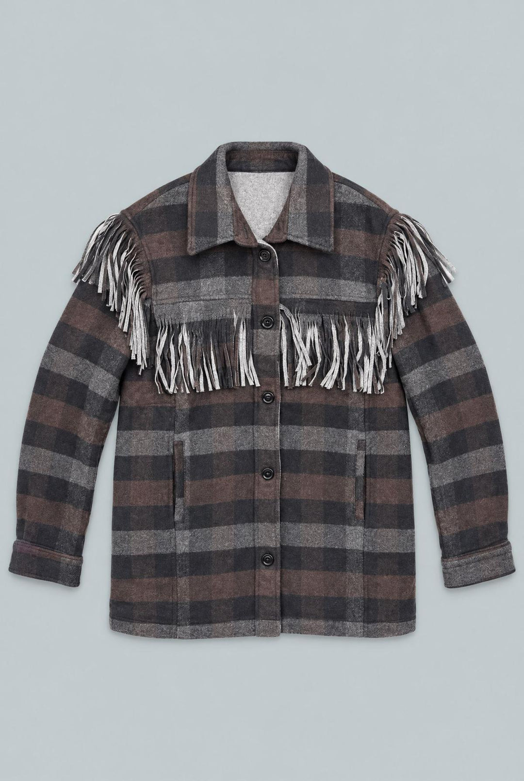 Plaid Fringe Shirt Jacket - Gray