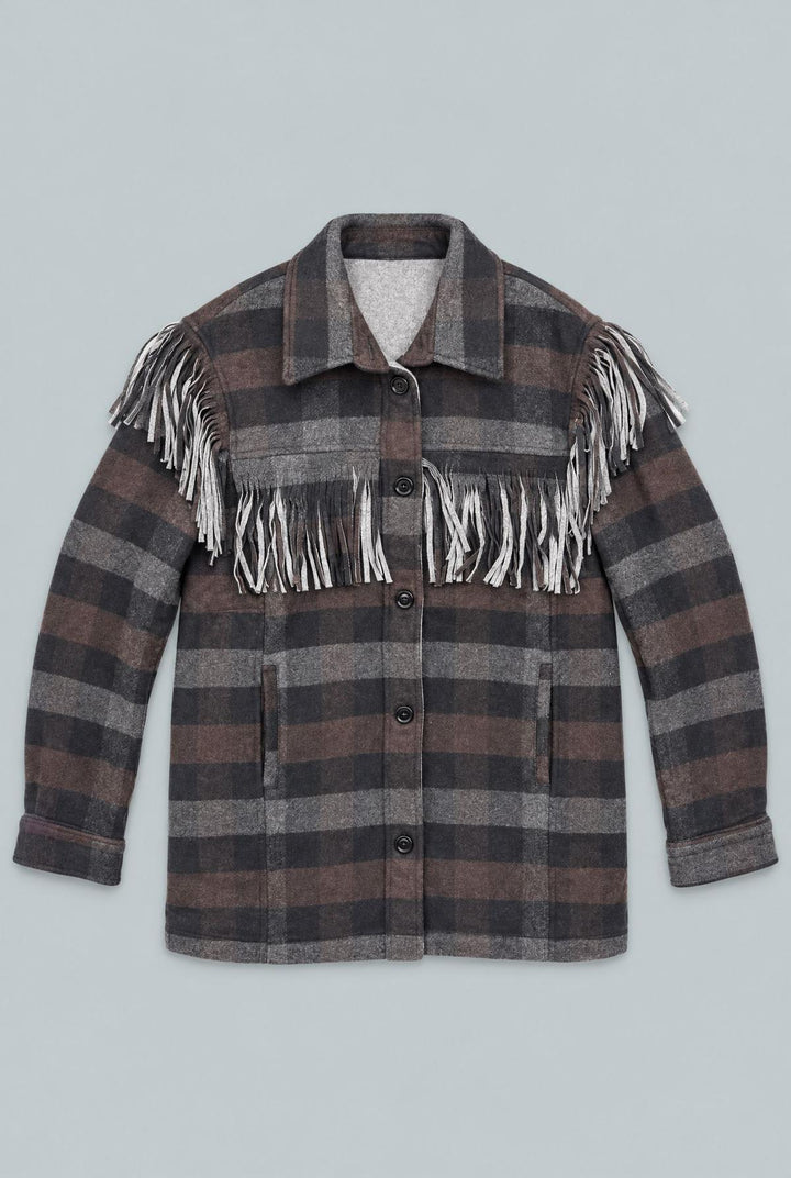 Plaid Fringe Shirt Jacket - Gray