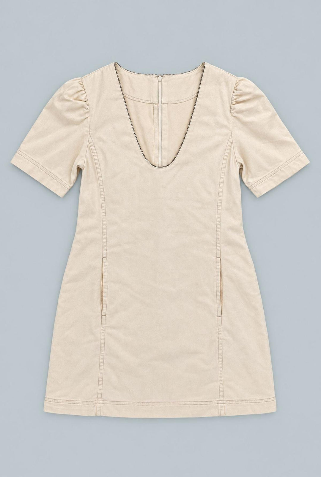 Denim Embellished Dress - Beige