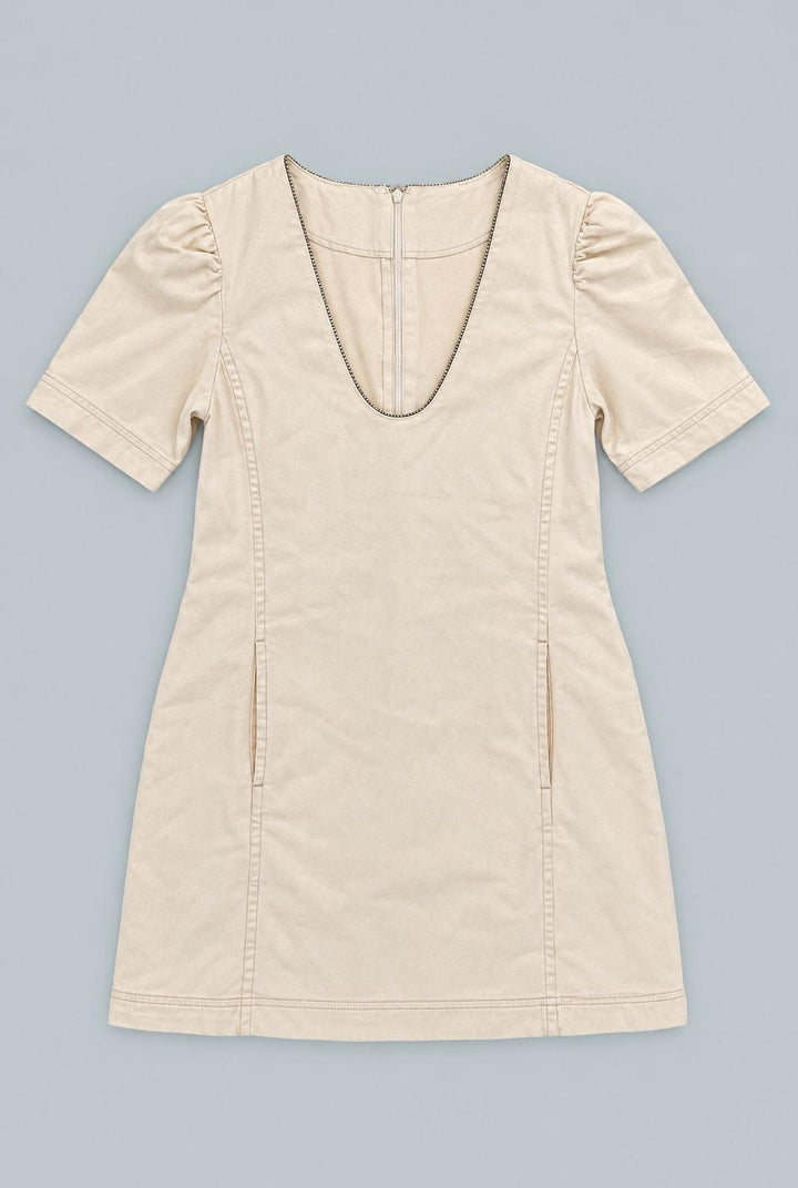 Denim Embellished Dress - Beige