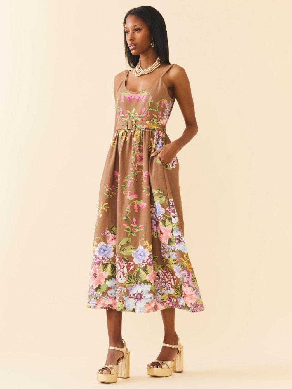 Katherine Dress - Caramel Victorian Floral - Dresses