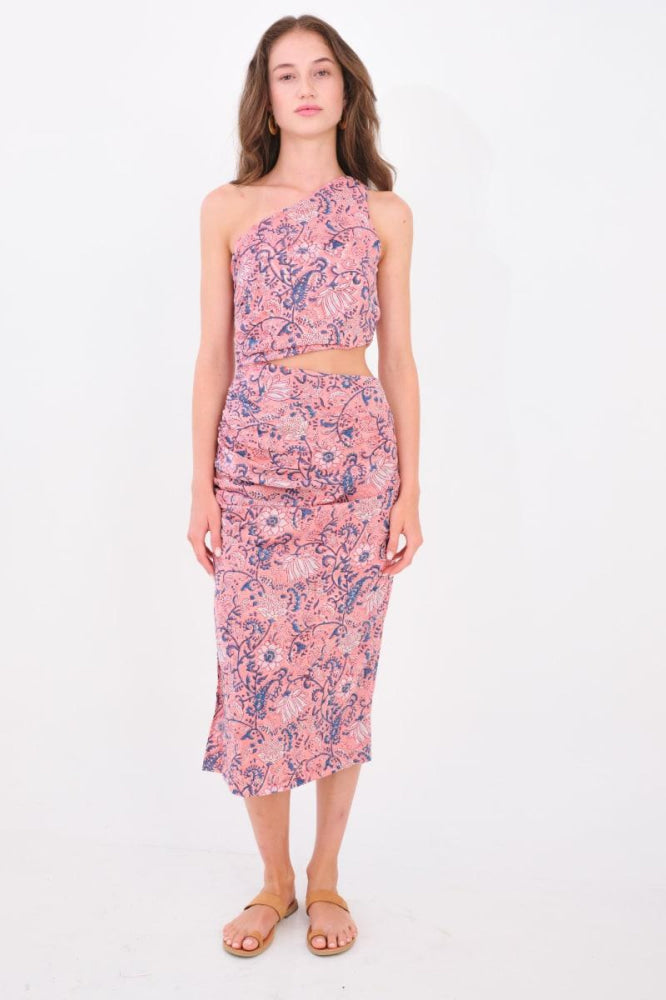 Katya One Shoulder Dress - Pink-Blue Floral - Dresses