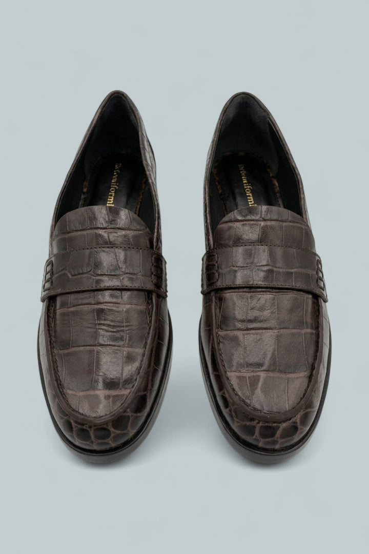 Kaylee Croc Embossed Leather Loafers - Chocolate Croc - 6 - Loafers