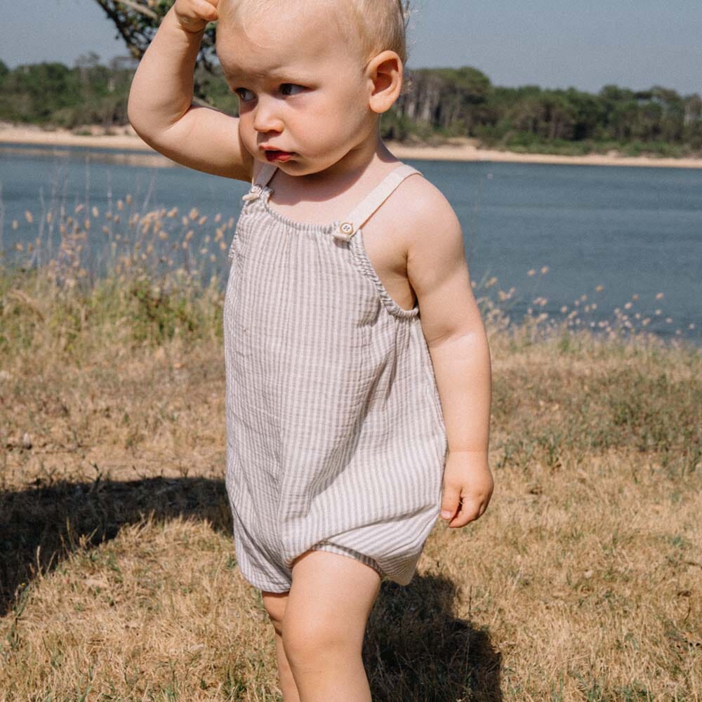 Vertical Stripes Jumpsuit with Button Straps - Light Gray