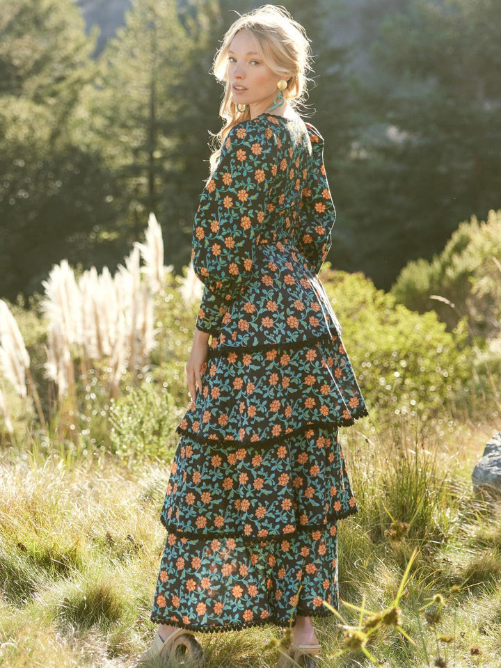 Brenda Tiered Skirt - Faded Black/Bright Clementine & Moss Floral