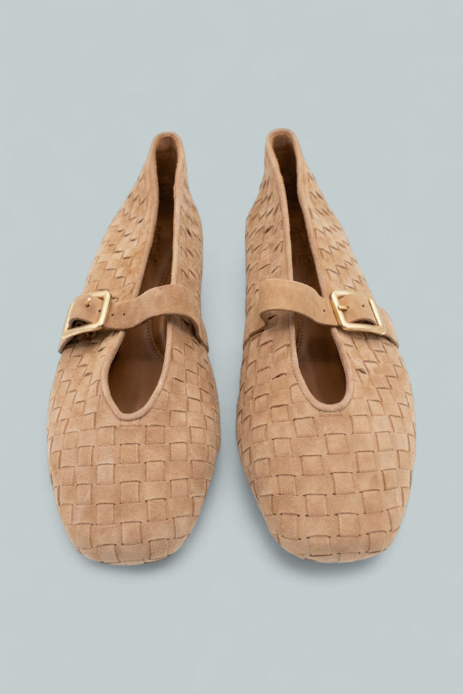Kenneth Cole Winifred Woven Suede Ballerina Flats - Camel Suede - Mary Jane