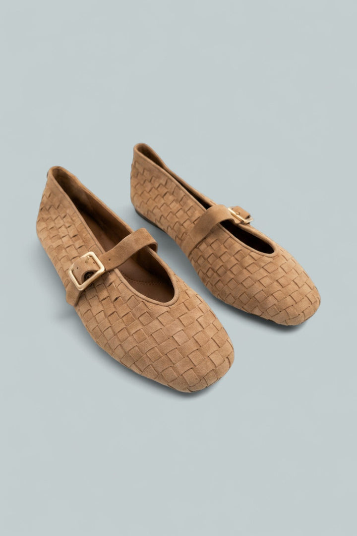 Kenneth Cole Winifred Woven Suede Ballerina Flats - Camel Suede - Mary Jane