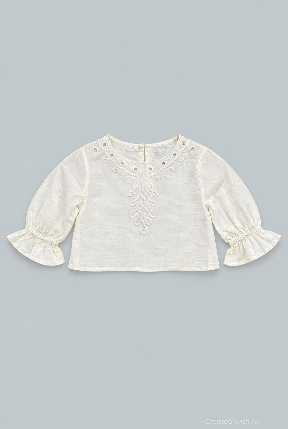 Kid’s Cropped Embroidered Blouse With Cinched Sleeves - Ivory - Blouse