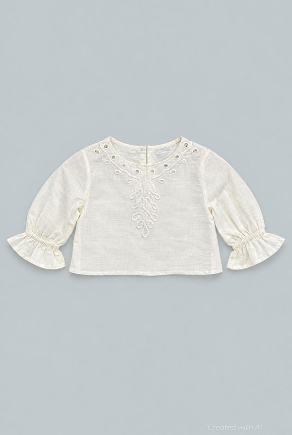 Kid’s Cropped Embroidered Blouse With Cinched Sleeves - Ivory - Blouse