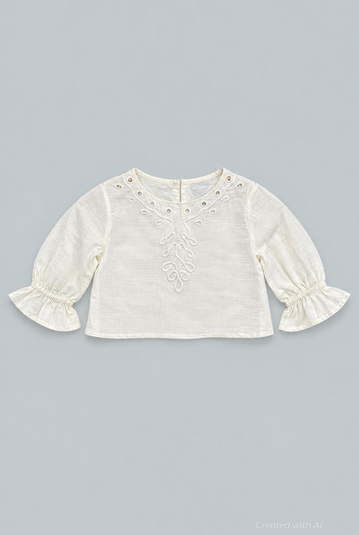 Kid’s Cropped Embroidered Blouse With Cinched Sleeves - Ivory - Blouse