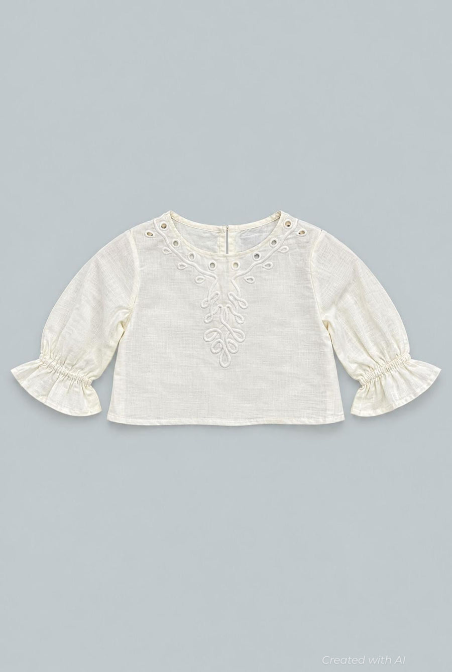 Kid’s Cropped Embroidered Blouse With Cinched Sleeves - Ivory - Blouse