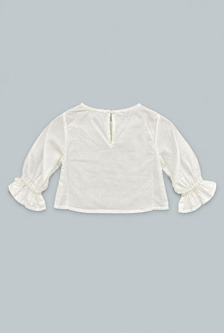 Kid’s Cropped Embroidered Blouse With Cinched Sleeves - Ivory - Blouse