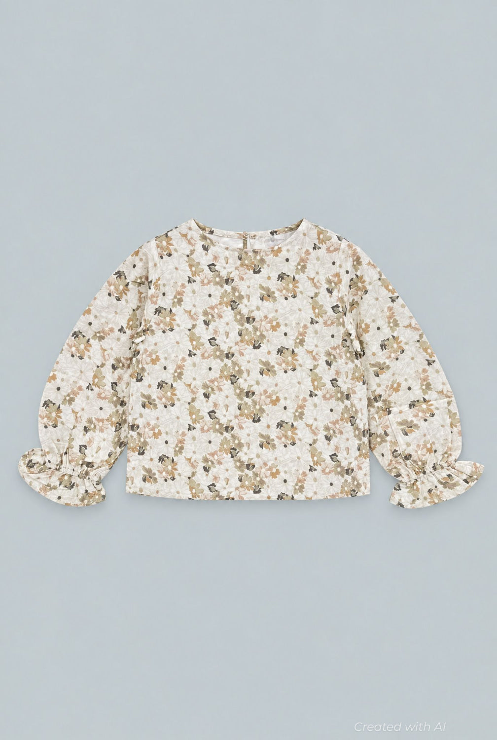 Kid’s Cropped Floral Blouse With Cinched Sleeves - Tan Combo - Blouse