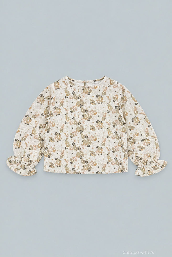 Kid’s Cropped Floral Blouse With Cinched Sleeves - Tan Combo - Blouse