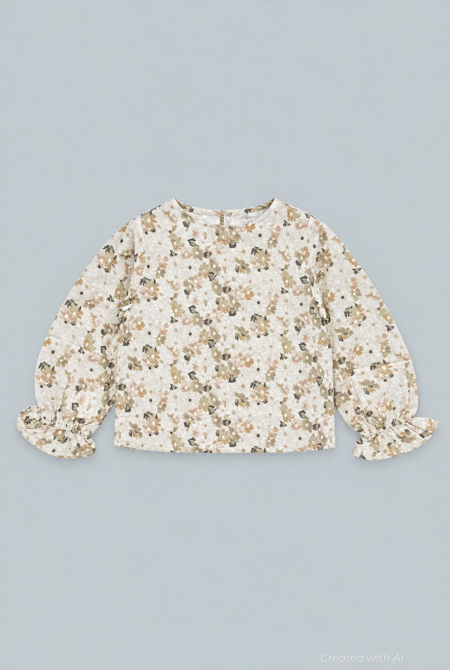 Kid’s Cropped Floral Blouse With Cinched Sleeves - Tan Combo - Blouse