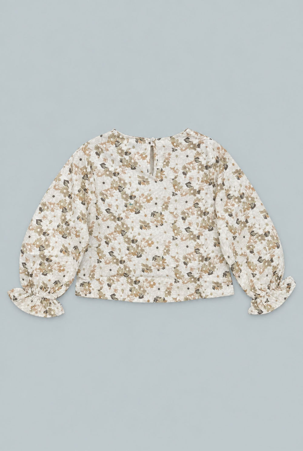 Kid’s Cropped Floral Blouse With Cinched Sleeves - Tan Combo - Blouse