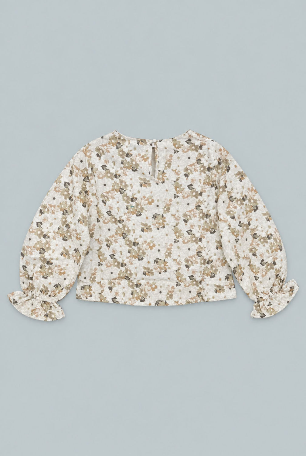 Kid’s Cropped Floral Blouse With Cinched Sleeves - Tan Combo - Blouse