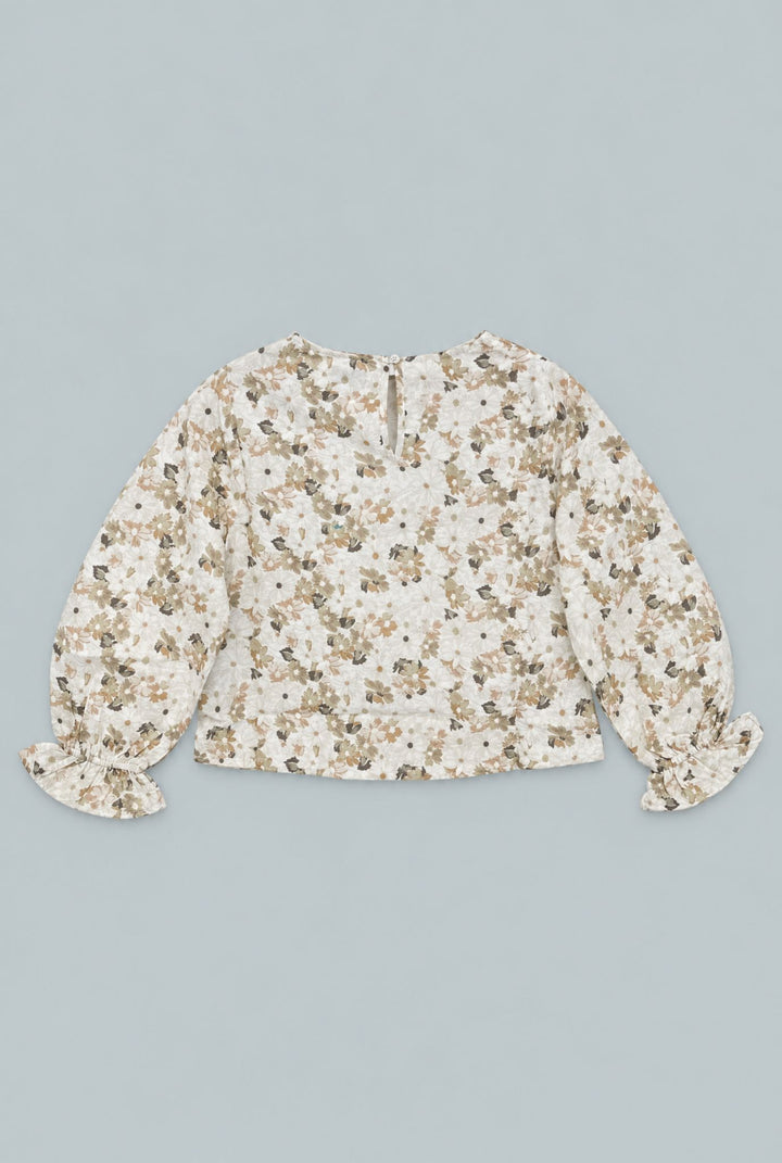 Kid’s Cropped Floral Blouse With Cinched Sleeves - Tan Combo - Blouse
