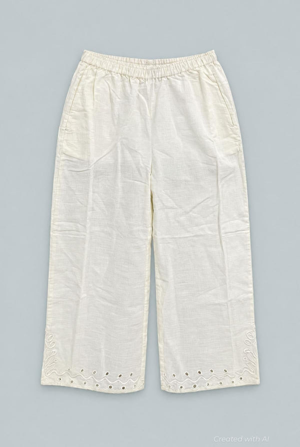 Kid’s Embroidered Wide Leg Pants - Ivory - Pants