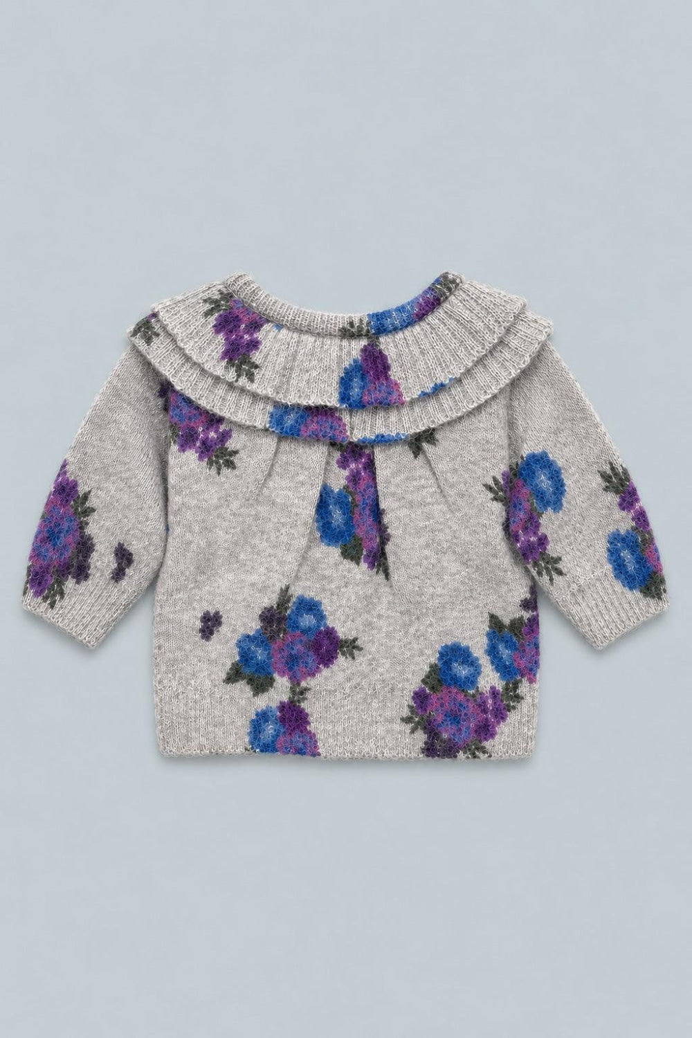 Kids Floral Ruffle Neck Sweater - Gray Blue - Sweater
