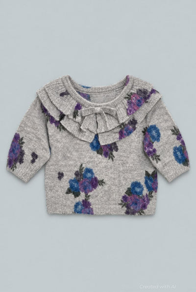 Kids Floral Ruffle Neck Sweater - Gray Blue - Sweater