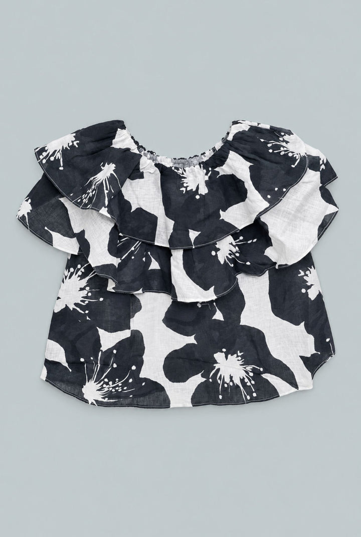 Kid’s Floral Ruffle Top - Black/White - Blouse