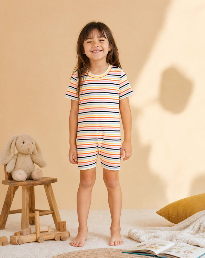 Kids Striped Short John Pajama Set In HannaSoft™ - Multi Stripe - Pajamas