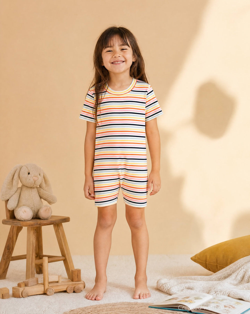 Kids Striped Short John Pajama Set In HannaSoft™ - Multi Stripe - Pajamas