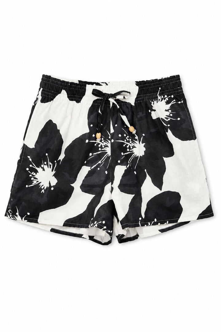 Floral Drawstring Shorts - Black/White