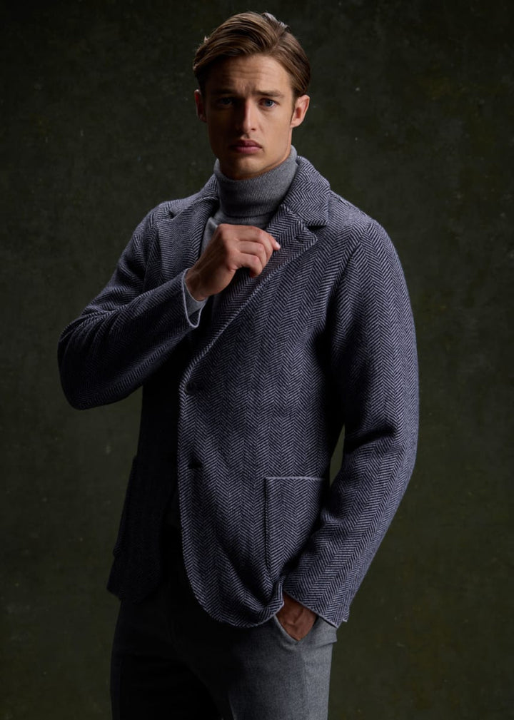Knitted Bone Wool & Cashmere Jacket - Navy/Grey - Jacket