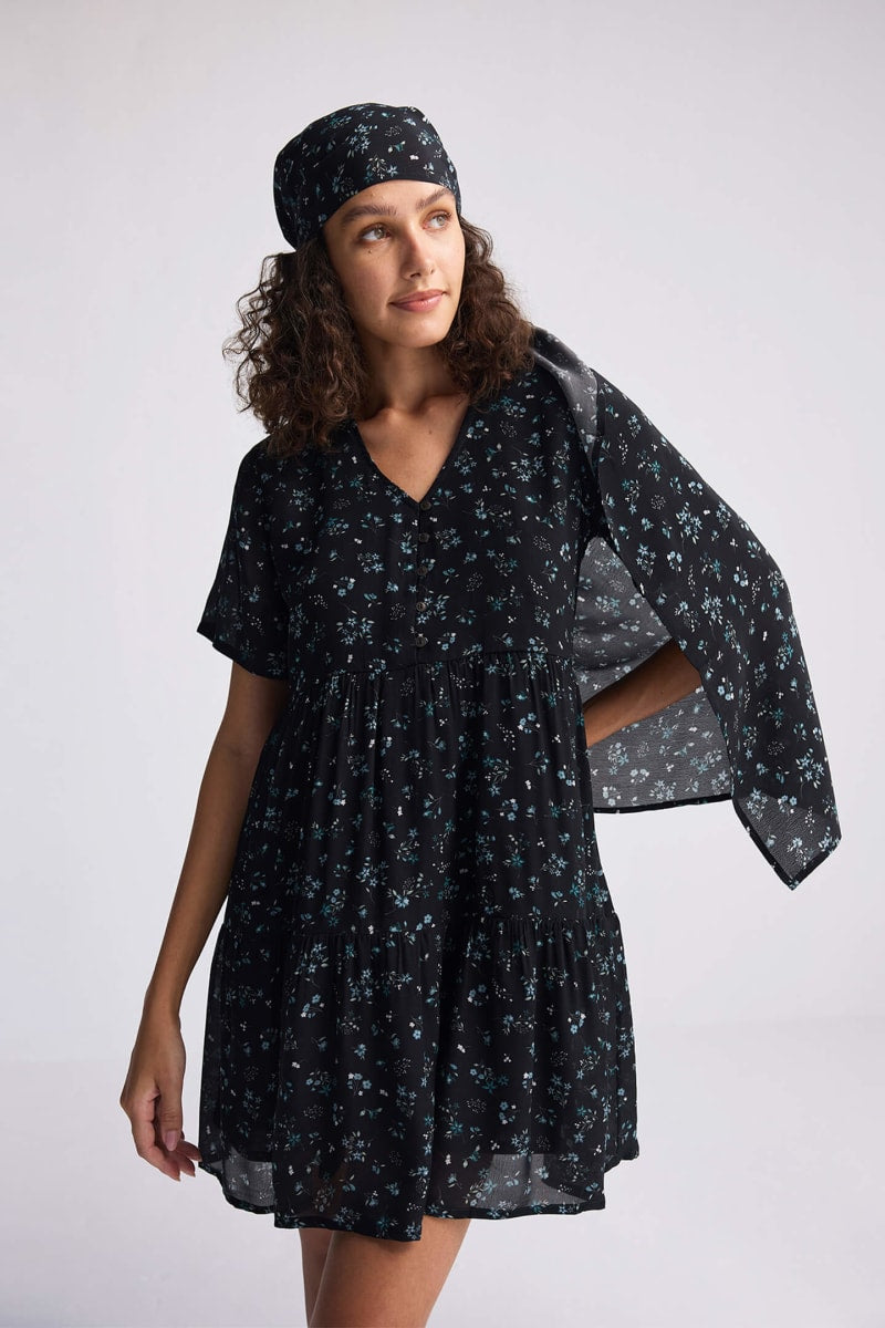 Floral Short Tiered Dress - Ditzy Wildflowers