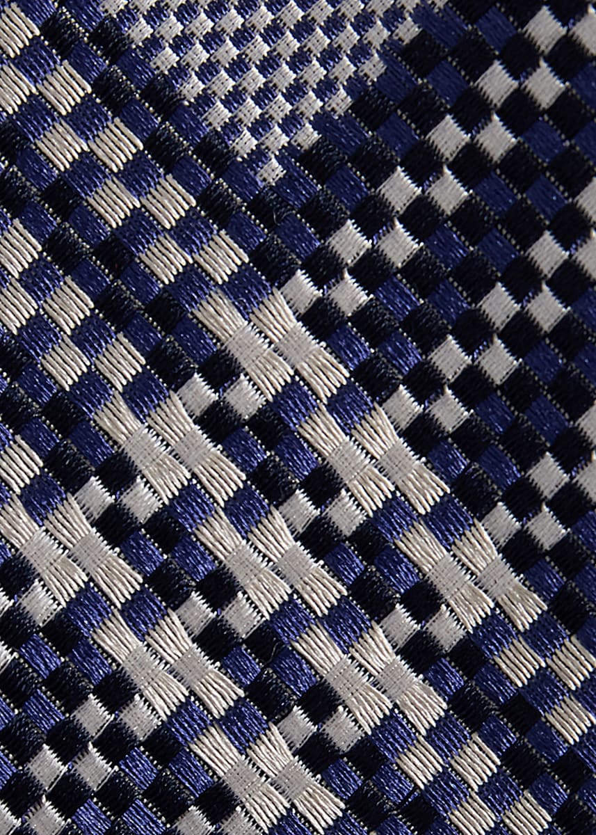 Woven Silk Optical Plaid Motif Tie - Navy