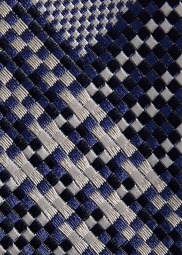 Woven Silk Optical Plaid Motif Tie - Navy