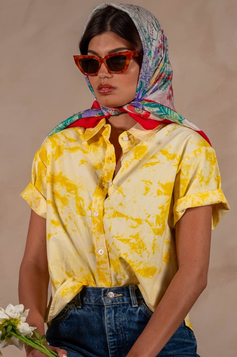 'The Michelle' Hand Dyed Short Sleeve Shirt - Yellow And White 'Citrus Splash' Tie Dye
