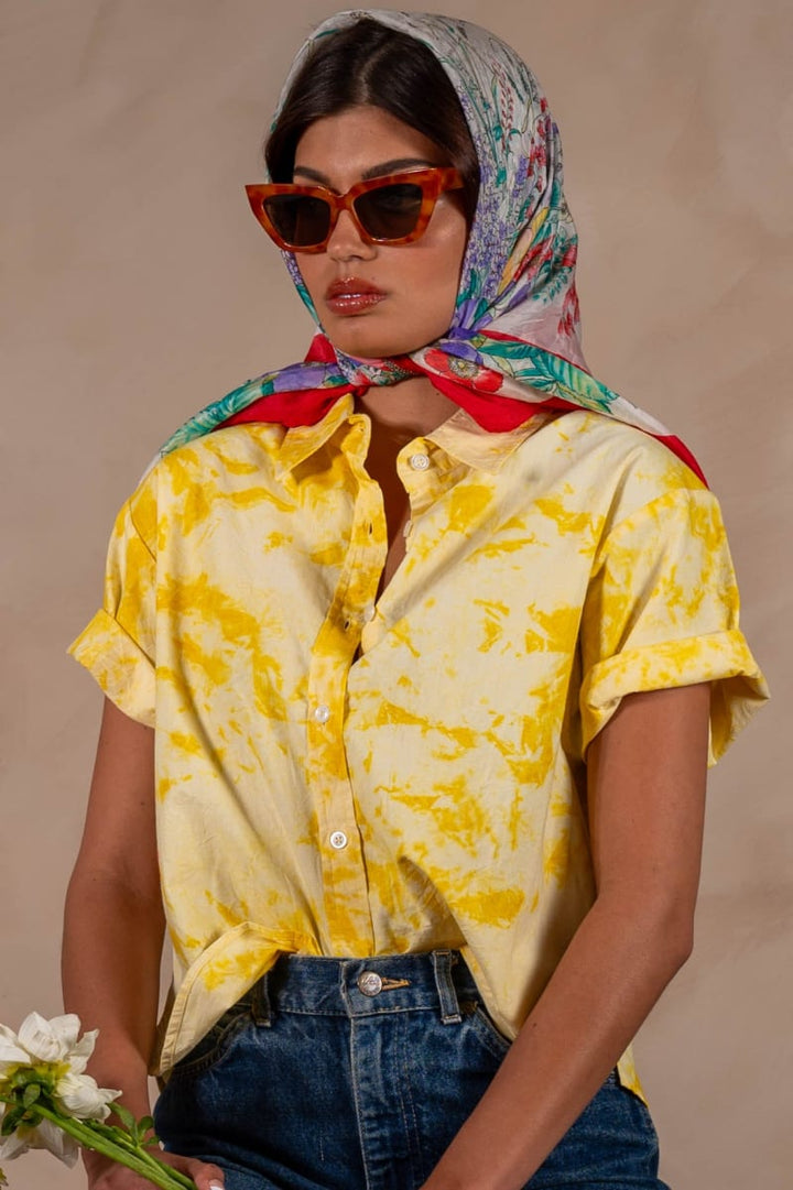 'The Michelle' Hand Dyed Short Sleeve Shirt - Yellow And White 'Citrus Splash' Tie Dye