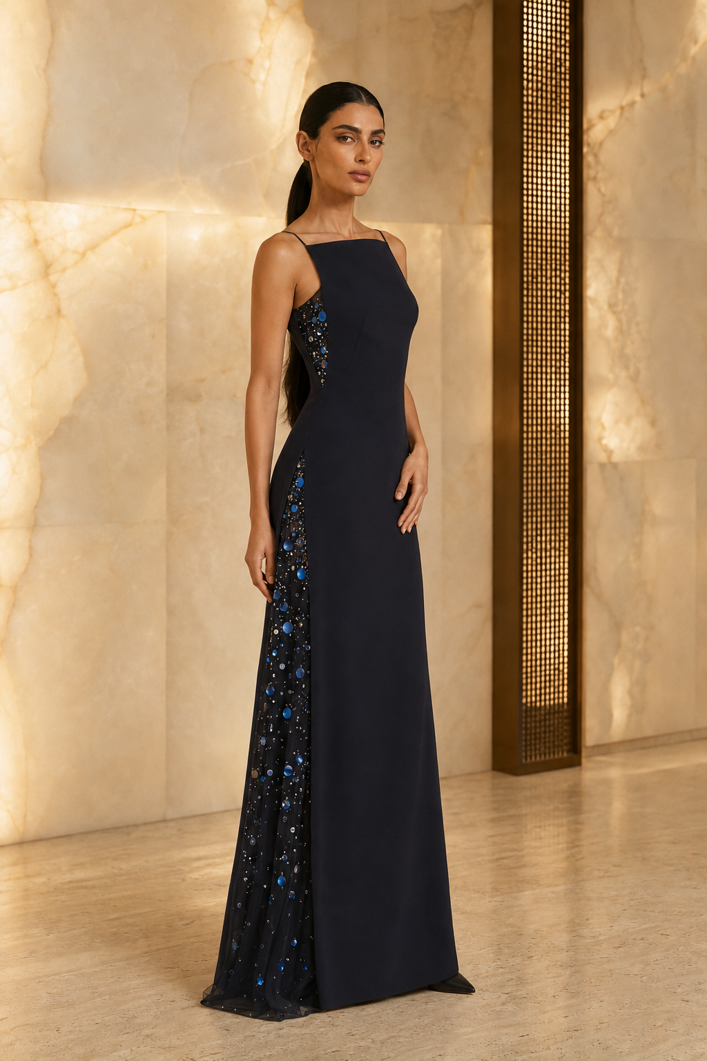 Leah Long Dress - Midnight Navy With Multi/Blues Embellishments