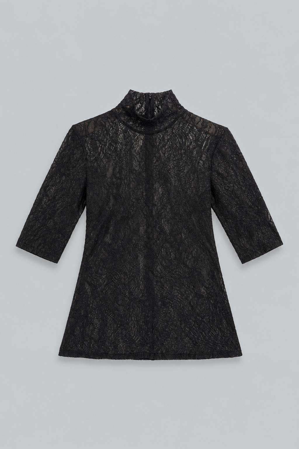 Turtleneck Lace 3/4 Sleeve Top - Black
