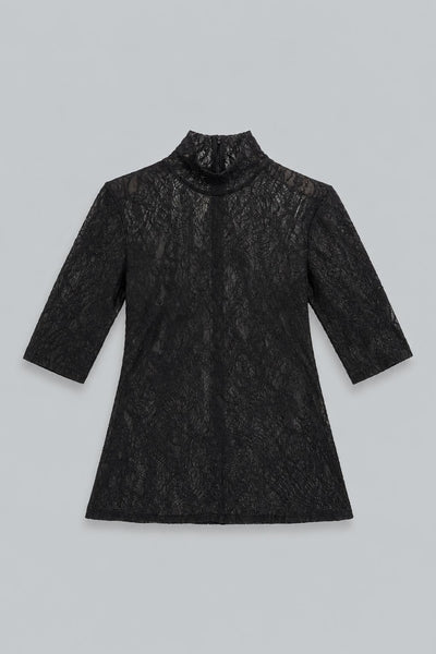Turtleneck Lace 3/4 Sleeve Top - Black