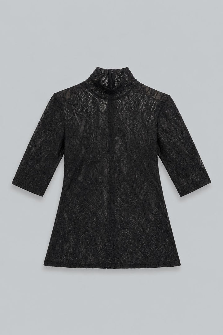 Turtleneck Lace 3/4 Sleeve Top - Black