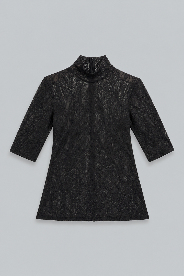 Turtleneck Lace 3/4 Sleeve Top - Black