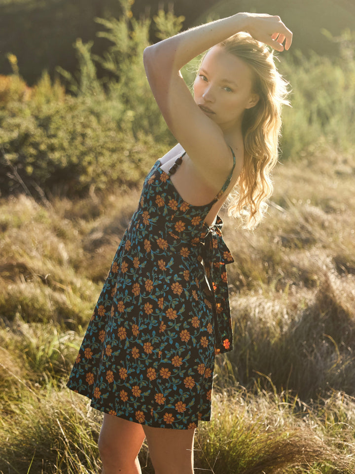 Gloria Mini Dress - Faded Black/Bright Clementine & Moss Floral