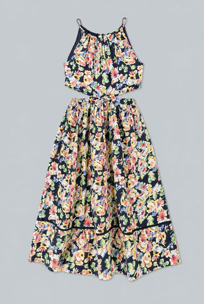 Floral Cut Out Midi Dress - Navy Combo