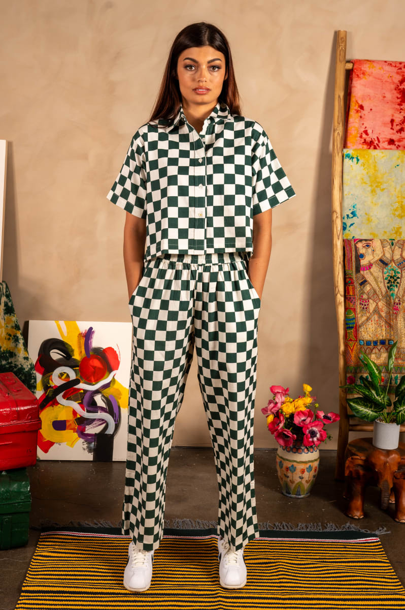 Hand Printed 'The Cami' Crop Shirt - Green And White Chessboard