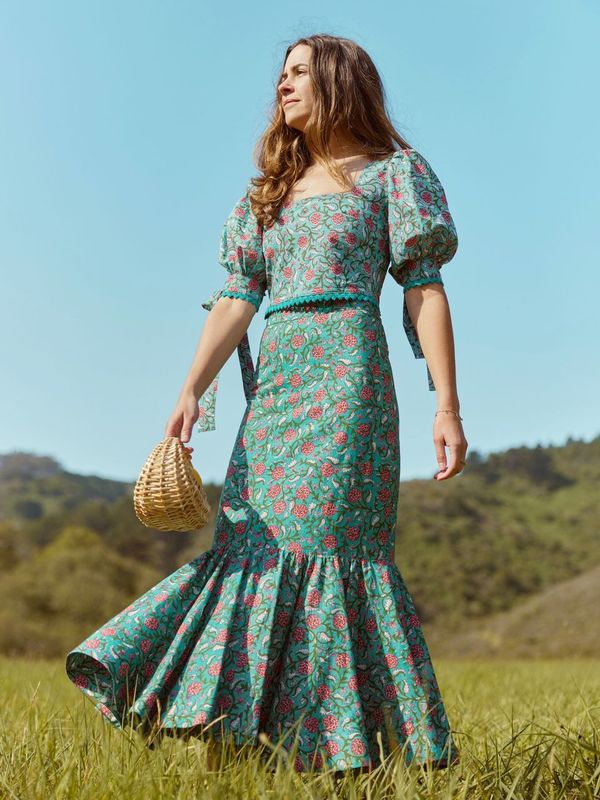 Patsy Fluted Pencil Skirt - Teal & Cerise Floral Print